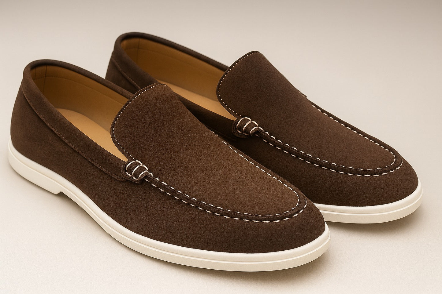 BROWN SUEDE WHITE SOLE MOCCASION