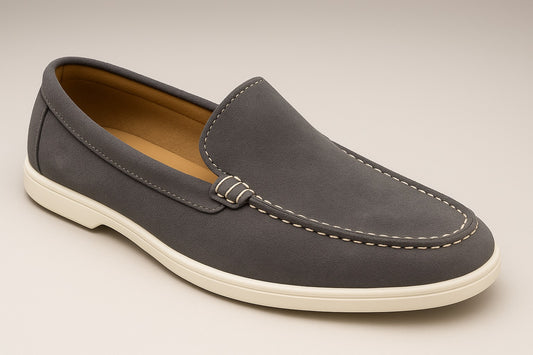 GREY SUEDE WHITE SOLE MOCCASION